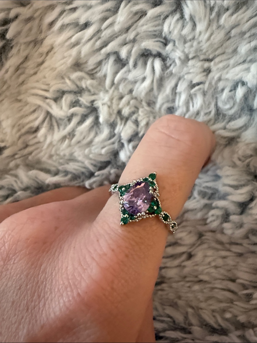 Amethyst and Emerald Halo Sterling Ring - Purple and Green